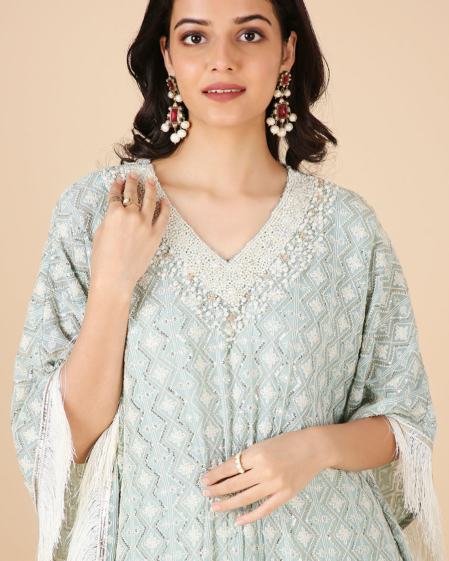 Lucknowi Kaftan in Cornflower with Hand Embroidered Pearl work
