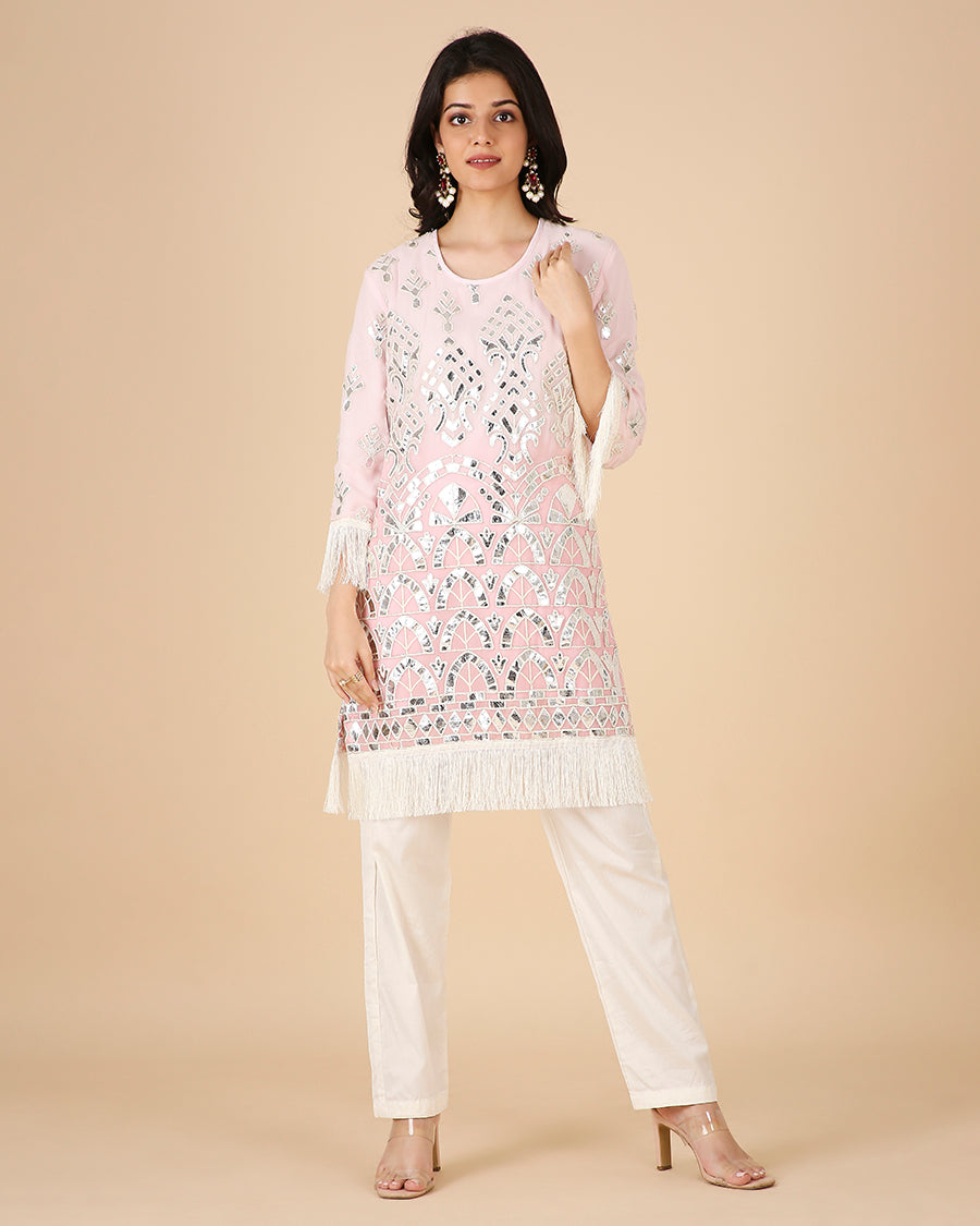Sheesh Mahal Kurta in Blush with Fringe (Short)