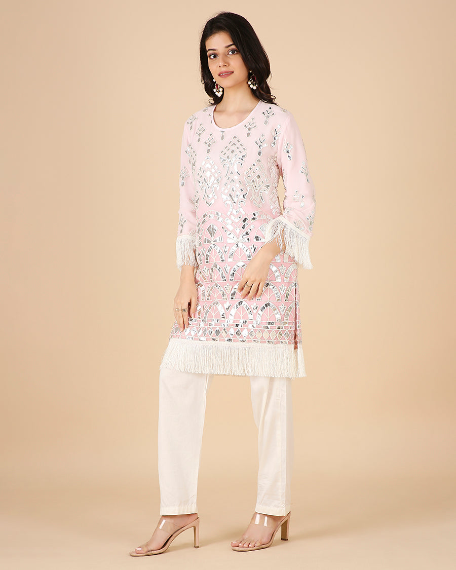 Sheesh Mahal Kurta in Blush with Fringe (Short)