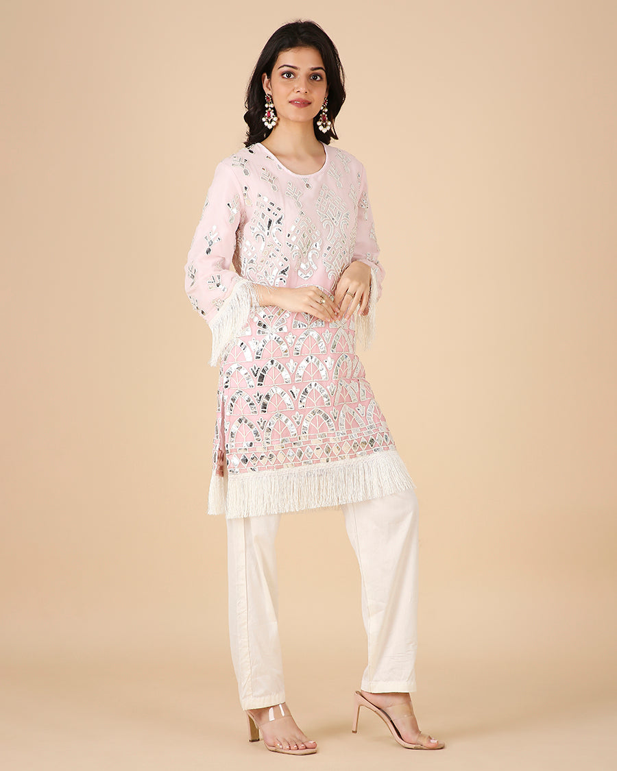 Sheesh Mahal Kurta in Blush with Fringe (Short)