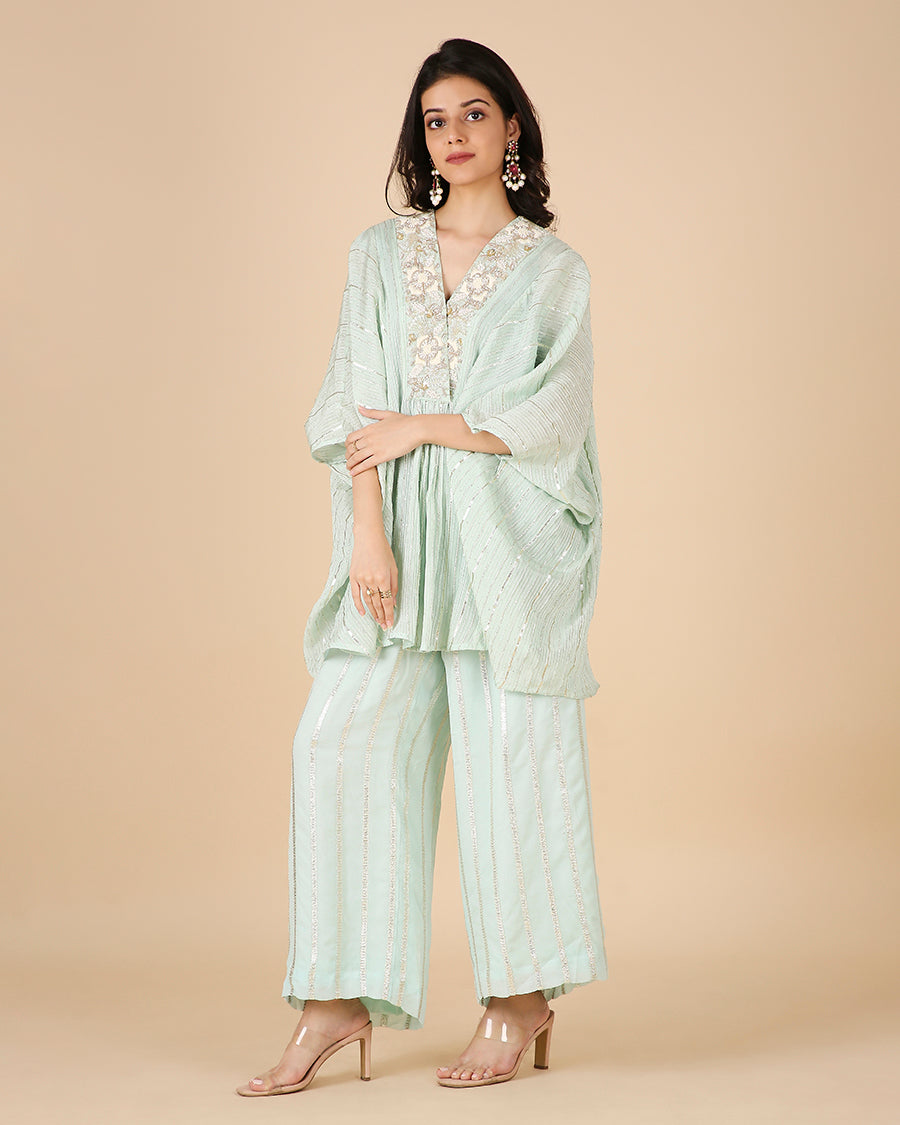 Gota Kaftan in Aqua with Overlap Hand-embroidered Neckline (Short 3 piece set)