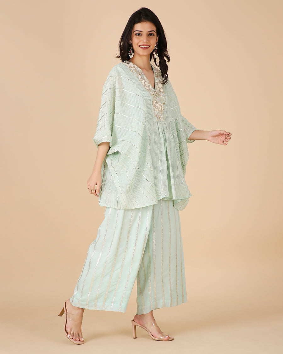 Gota Kaftan in Aqua with Overlap Hand-embroidered Neckline (Short 3 piece set)