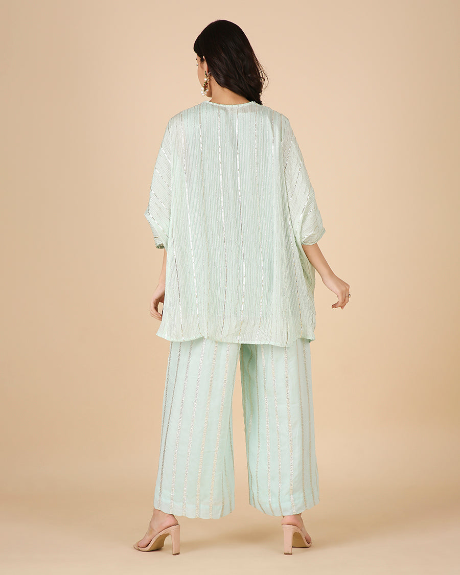 Gota Kaftan in Aqua with Overlap Hand-embroidered Neckline (Short 3 piece set)