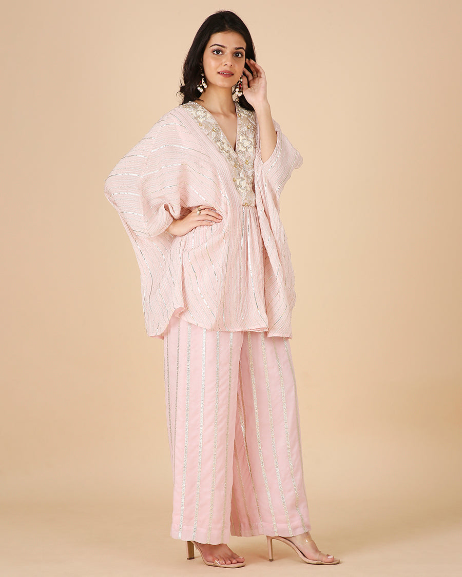 Gota Kaftan in Blush with Overlap Hand-Embroidered Neckline (Short 3 piece set)