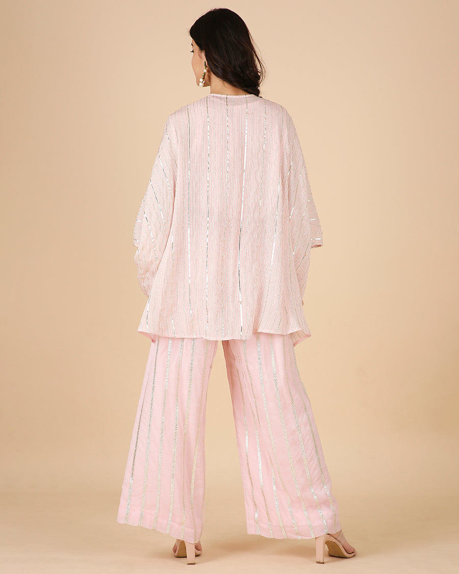 Gota Kaftan in Blush with Overlap Hand-Embroidered Neckline (Short 3 piece set)