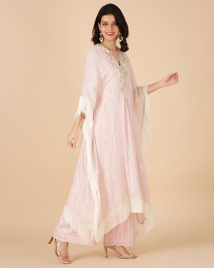 Gota Kaftan in Blush with Overlap Hand-Embroidered Neckline (Long 3 piece set)