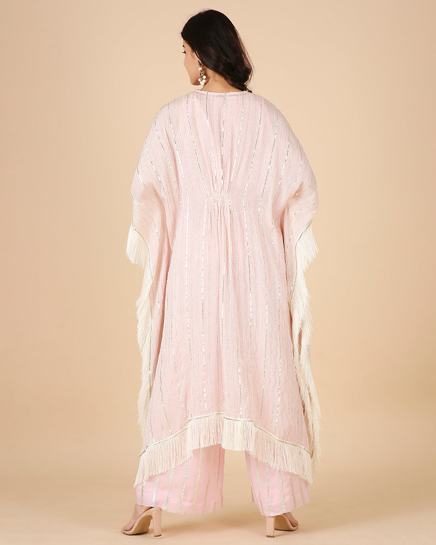 Gota Kaftan in Blush with Overlap Hand-Embroidered Neckline (Long 3 piece set)