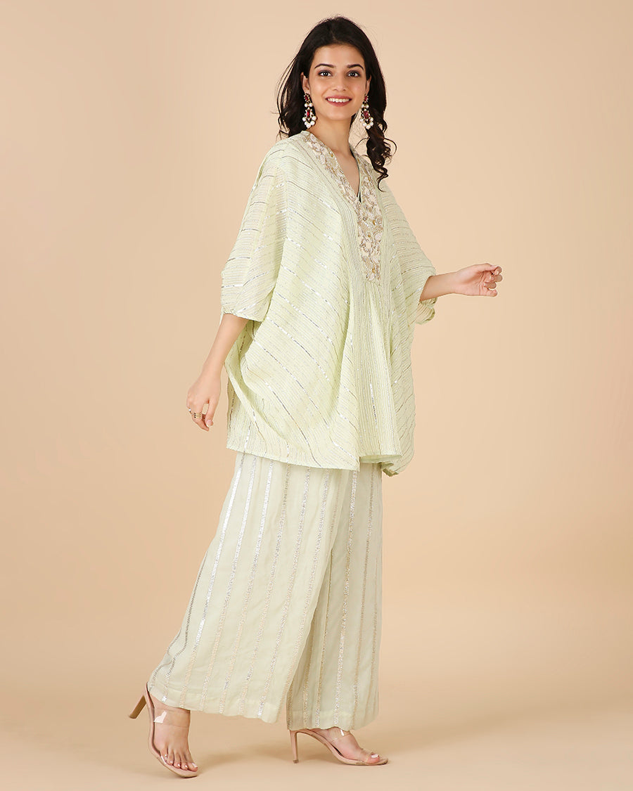 Gota Kaftan in Pistachio with Overlap Hand-Embroidered Neckline (Short 3 piece set)