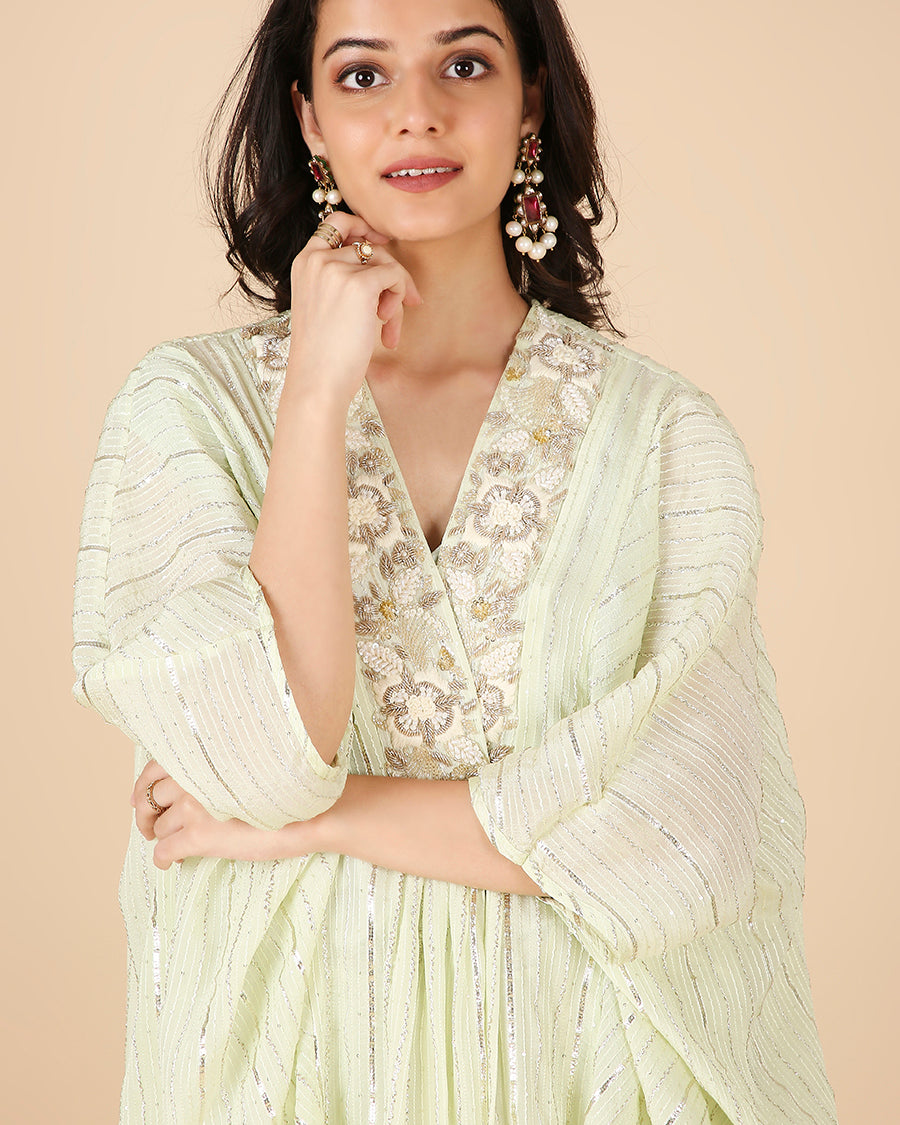Gota Kaftan in Pistachio with Overlap Hand-Embroidered Neckline (Short 3 piece set)