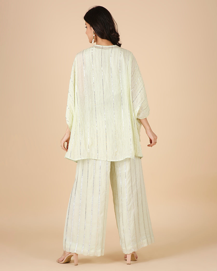 Gota Kaftan in Pistachio with Overlap Hand-Embroidered Neckline (Short 3 piece set)