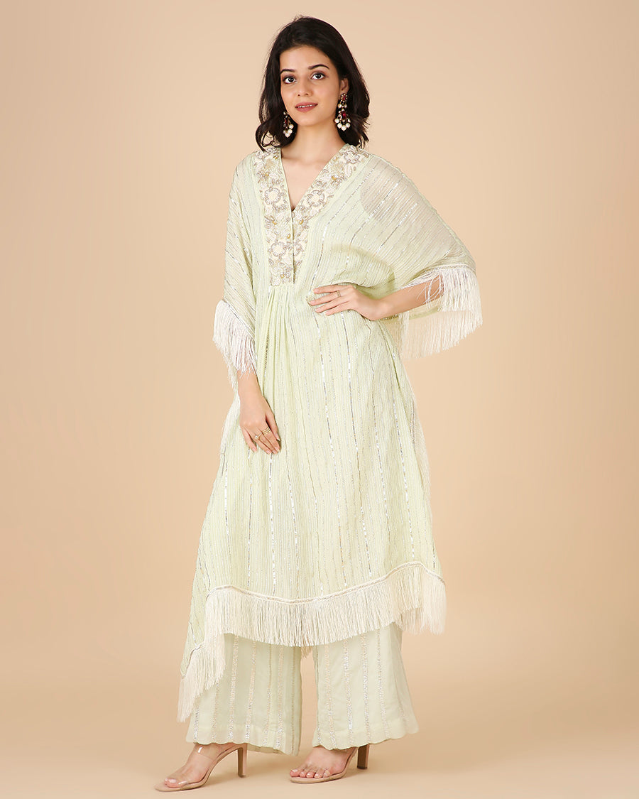 Gota Kaftan in Pistachio with Overlap Hand-Embroidered Neckline (Long 3 piece set)