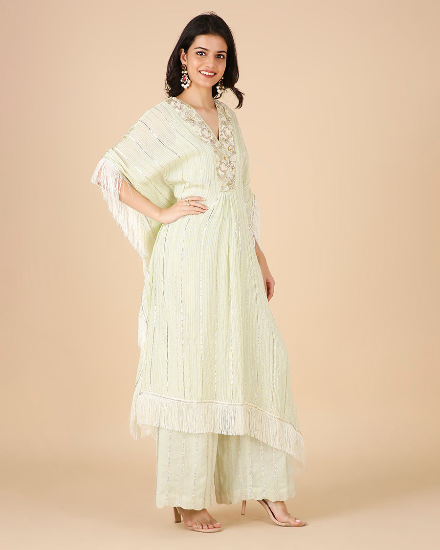Gota Kaftan in Pistachio with Overlap Hand-Embroidered Neckline (Long 3 piece set)