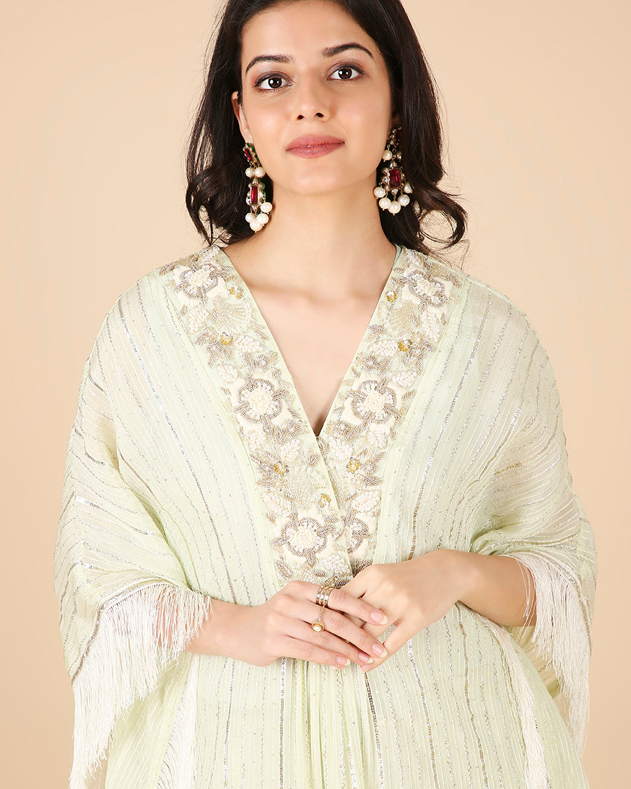 Gota Kaftan in Pistachio with Overlap Hand-Embroidered Neckline (Long 3 piece set)
