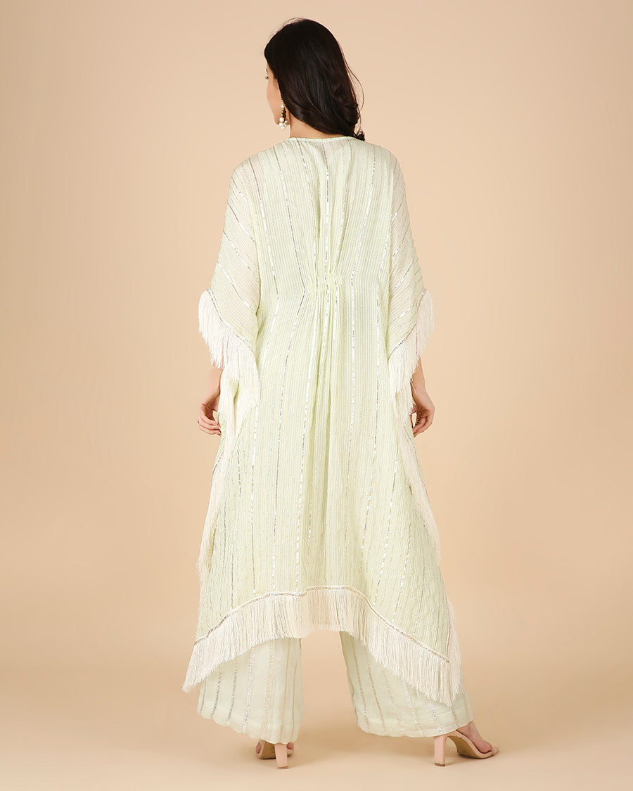 Gota Kaftan in Pistachio with Overlap Hand-Embroidered Neckline (Long 3 piece set)
