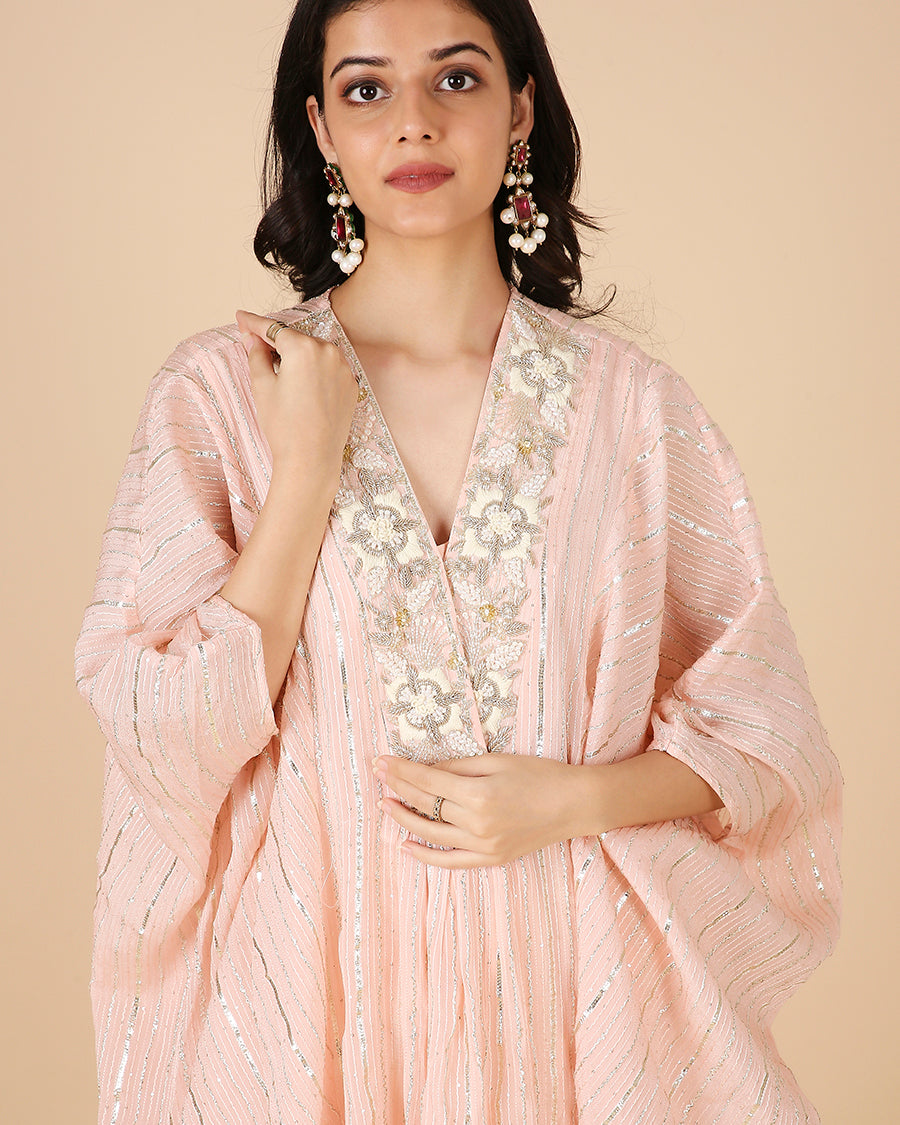 Gota Kaftan in Peach with Overlap Hand-Embroidered Neckline (Short 3 piece set)