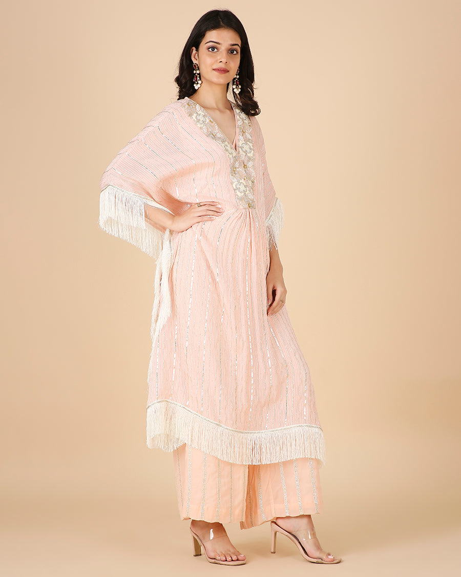 Gota Kaftan in Peach with Overlap Hand-Embroidered Neckline (Long 3 piece set)