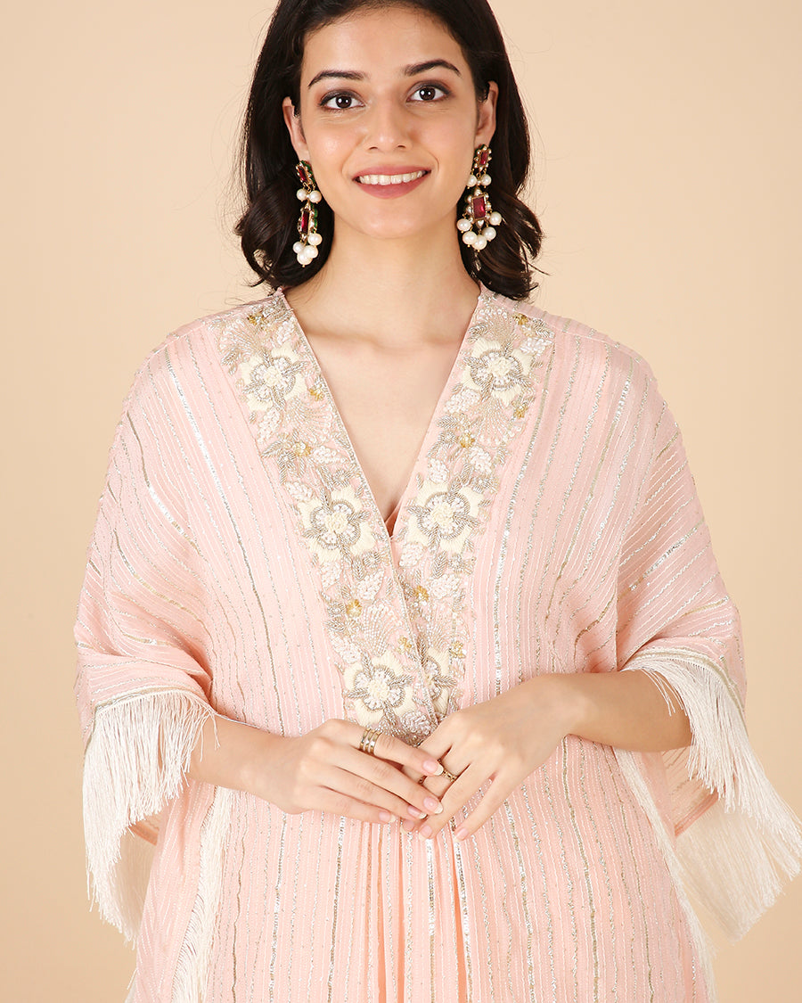 Gota Kaftan in Peach with Overlap Hand-Embroidered Neckline (Long 3 piece set)