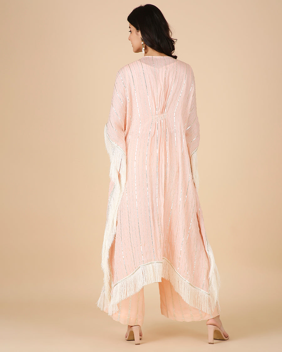 Gota Kaftan in Peach with Overlap Hand-Embroidered Neckline (Long 3 piece set)