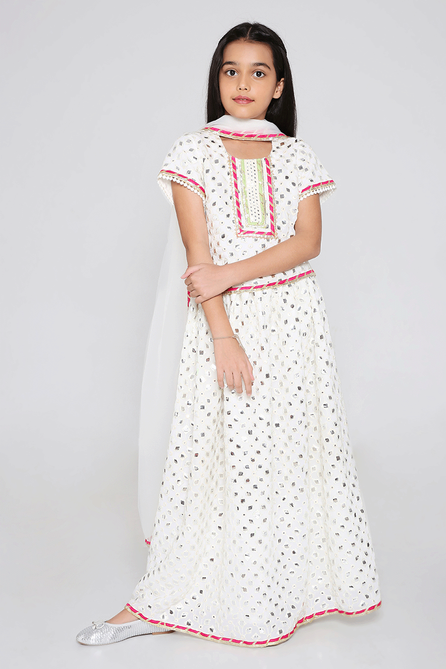 Sheesh Mahal Lehenga with cap sleeves in Ivory The STORY Brand