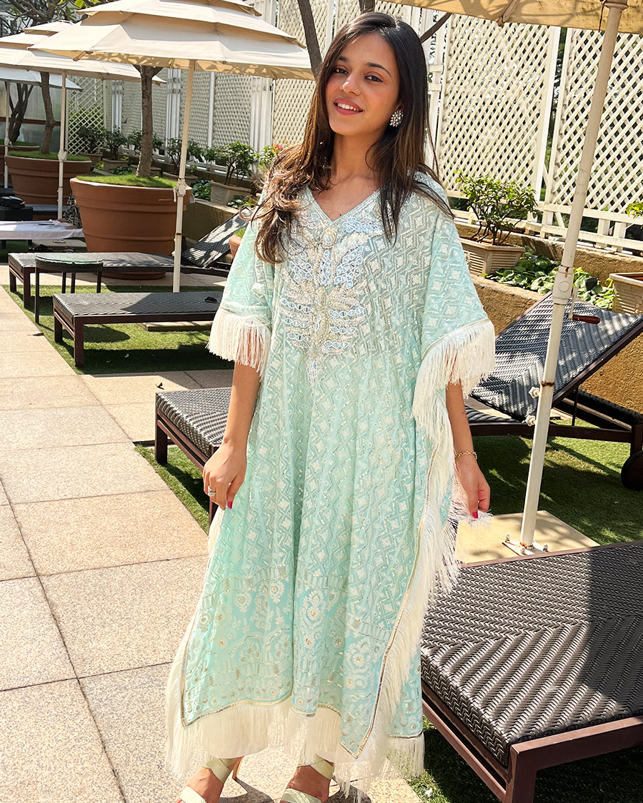 Lucknowi Kaftan in Aqua with Gota and Mirror Neck