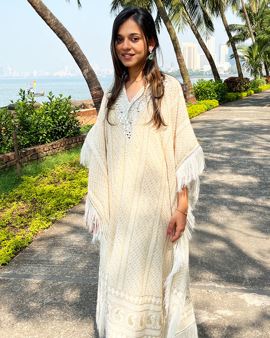 Lucknowi Kaftan in Dusty Beige with Mirror Neck