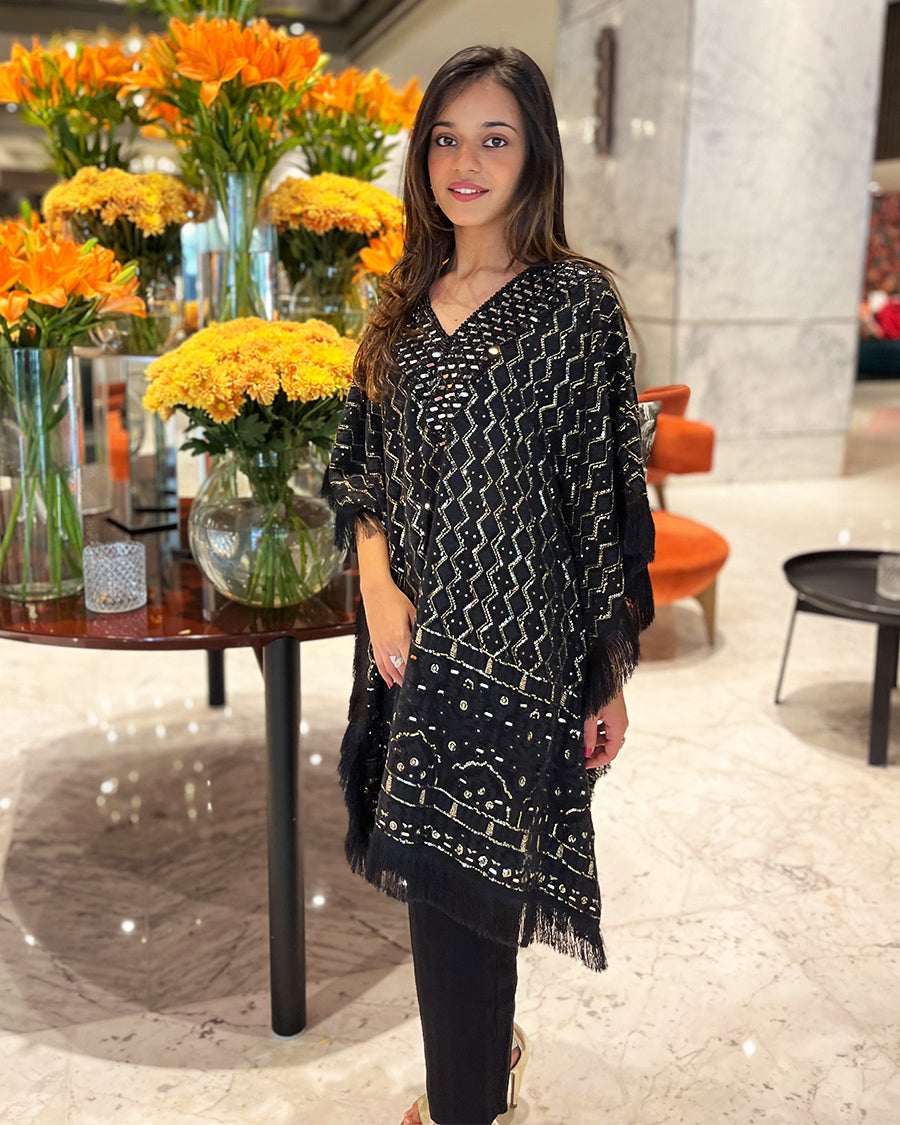Lucknowi Kaftan in Black with Mirror neck