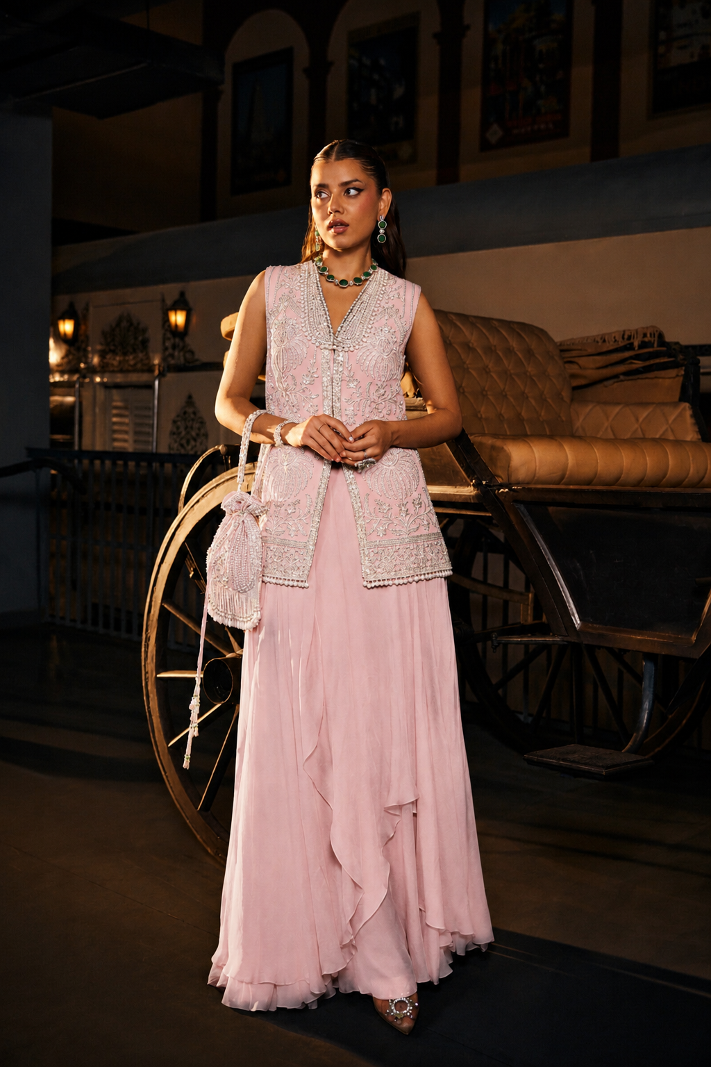 Perle Layered Skirt with Collar Tunic in Emerald Zari