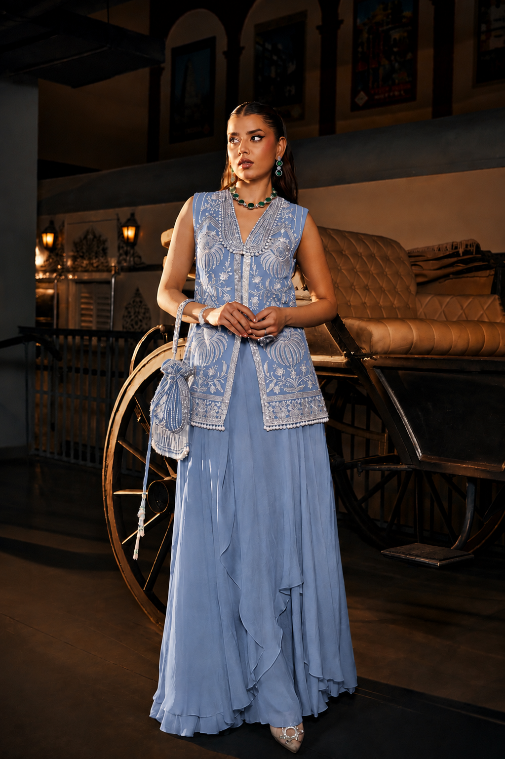 Perle Layered Skirt with Collar Tunic in Emerald Zari