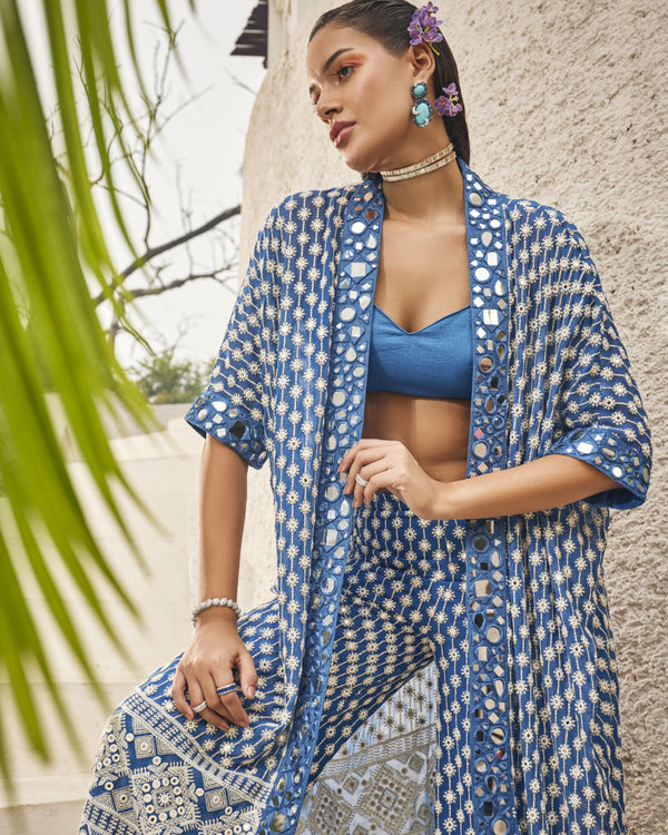 Mila Cape with Palazzo Pants and Bralette in Azure