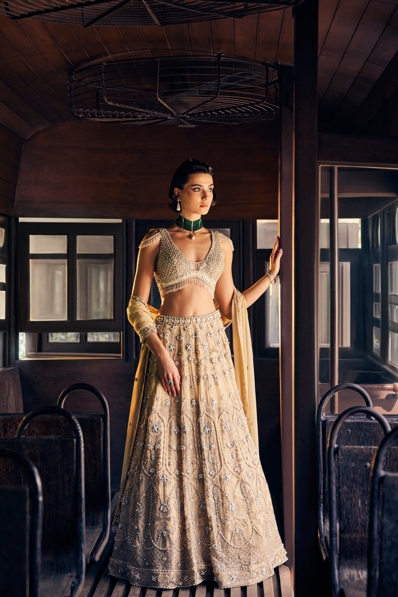 Perle Lehenga Set with Tassel Blouse in Beige Zari