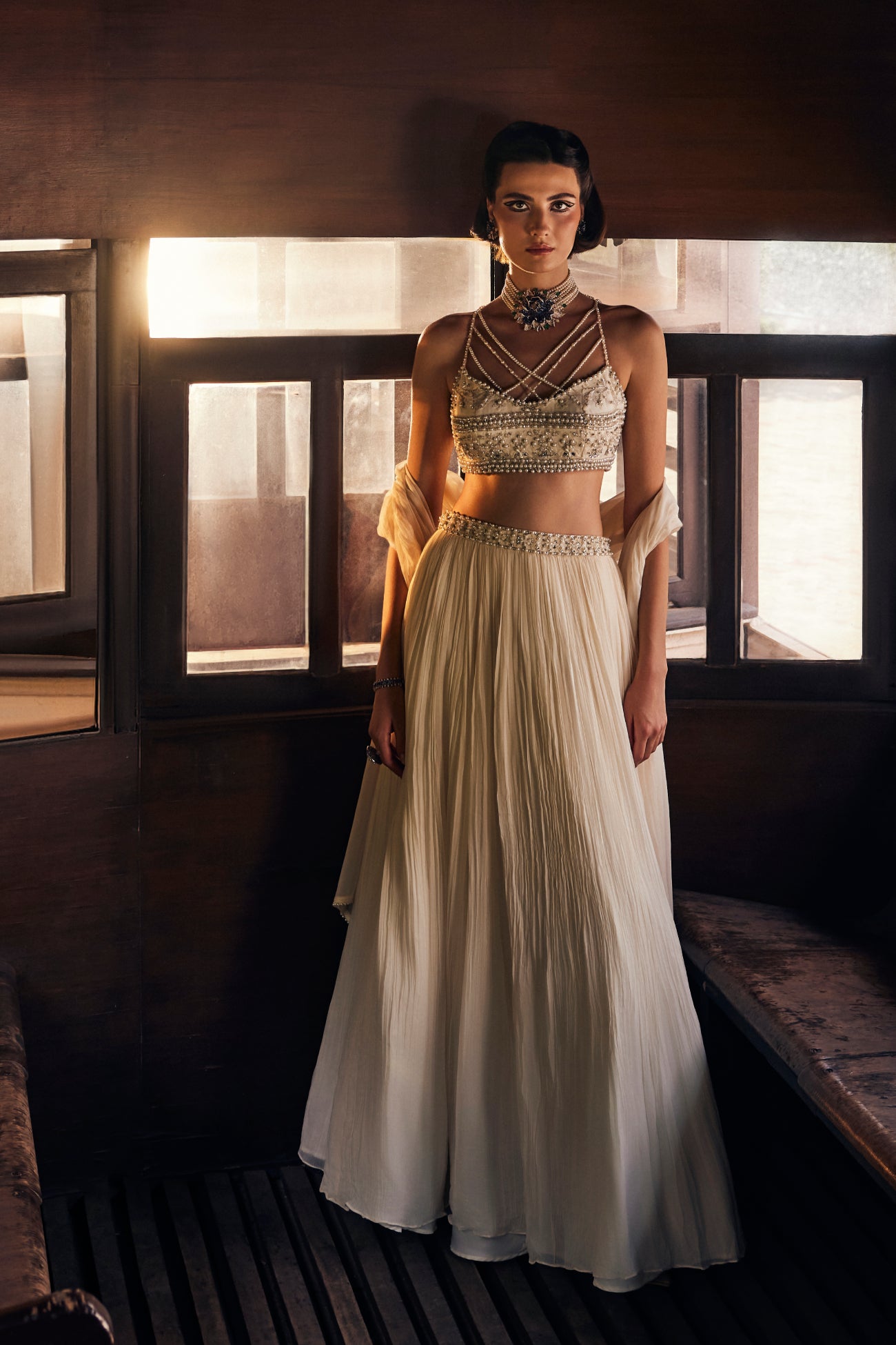 Perle Pleated Skirt with Pearl Blouse and Dupatta in Ivory Thread