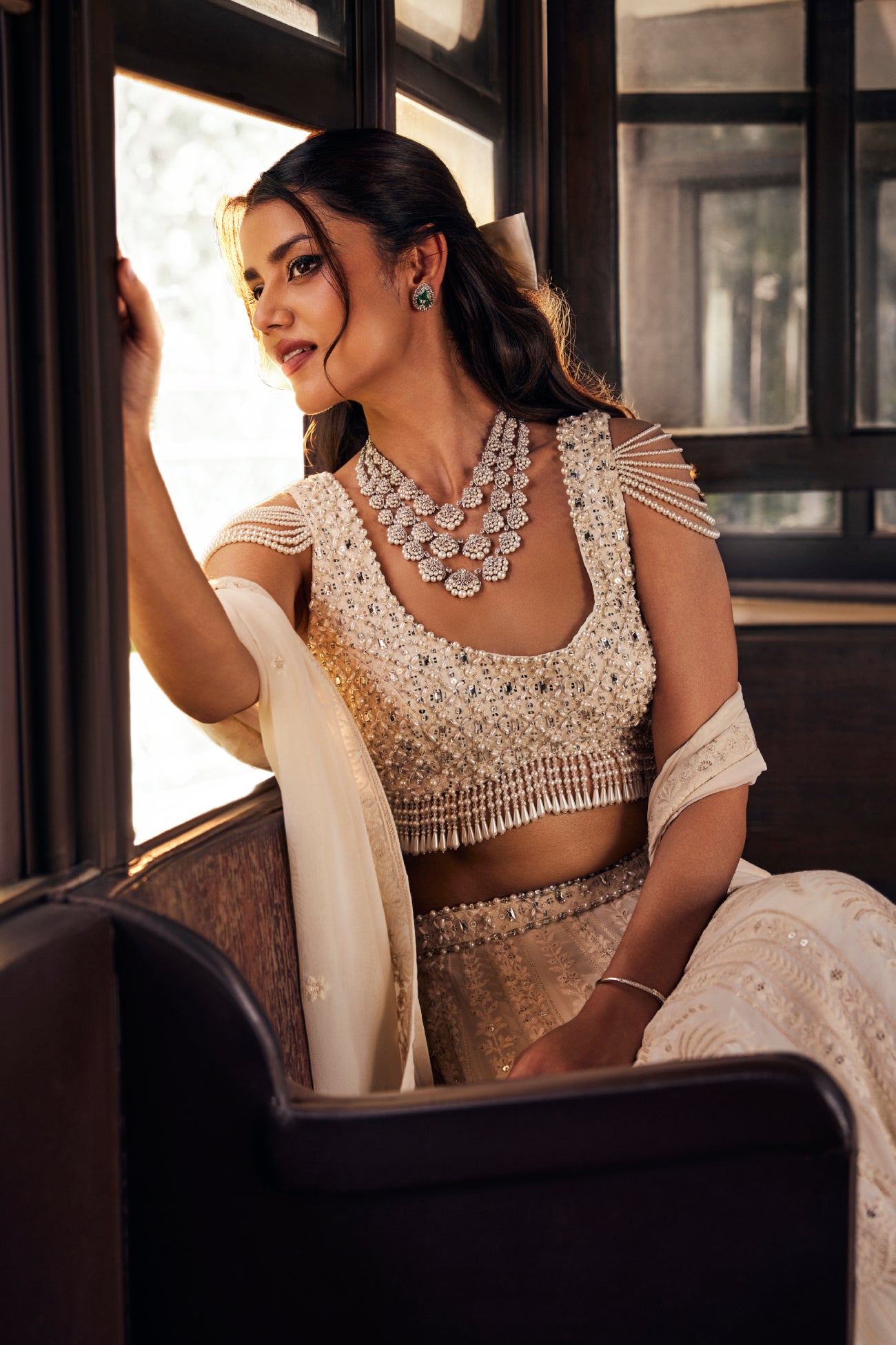 Perle Lehenga Set with Tassel Blouse in Ivory Thread