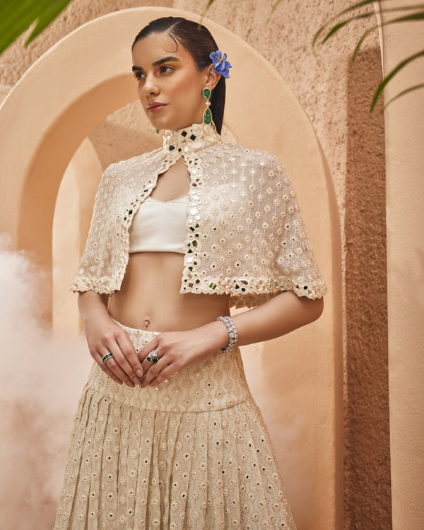 Sara Capelet with Stardust Lehenga Skirt and Bralette in Blanche