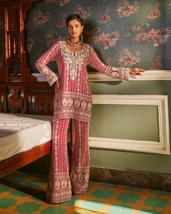 Kiara Slim Fit Tunic With Taj Yoke And Palazzo Pants in Scarlet