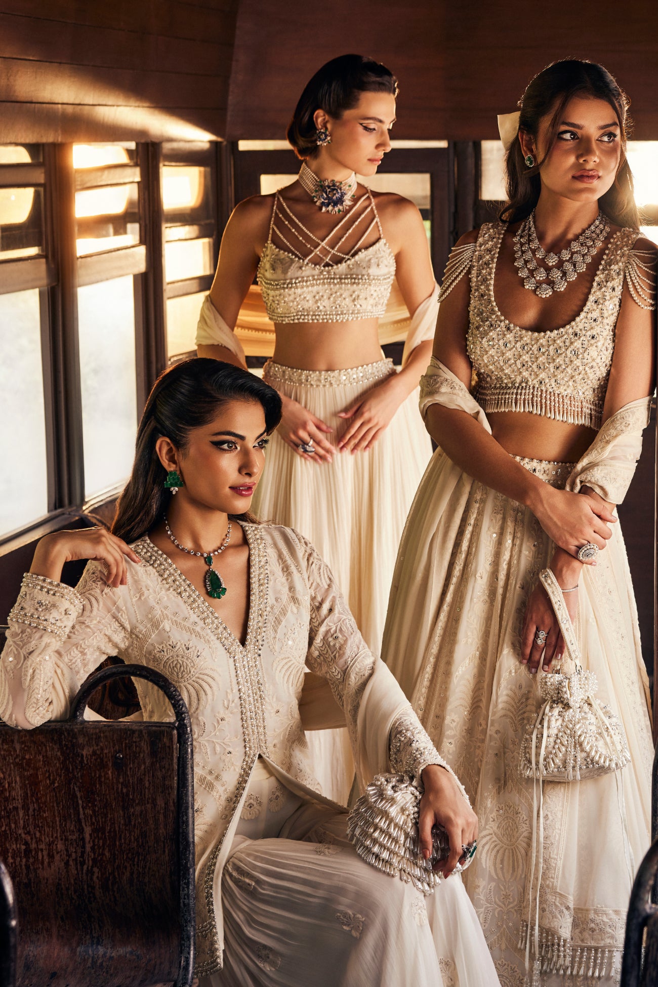 Perle Pleated Skirt with Pearl Blouse and Dupatta in Ivory Thread