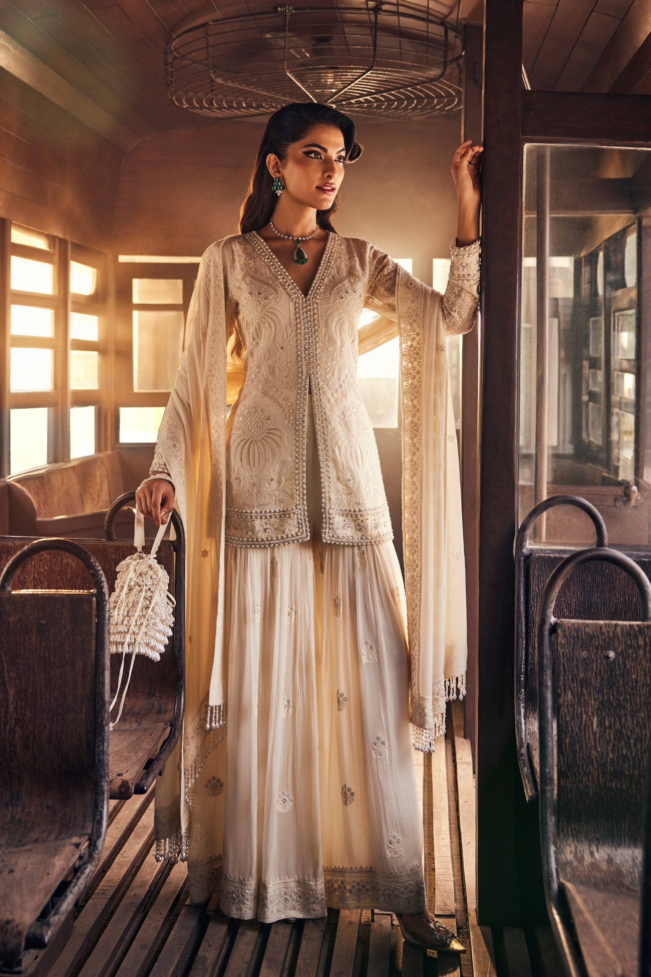 Perle Sharara Set with Dupatta in Ivory Thread
