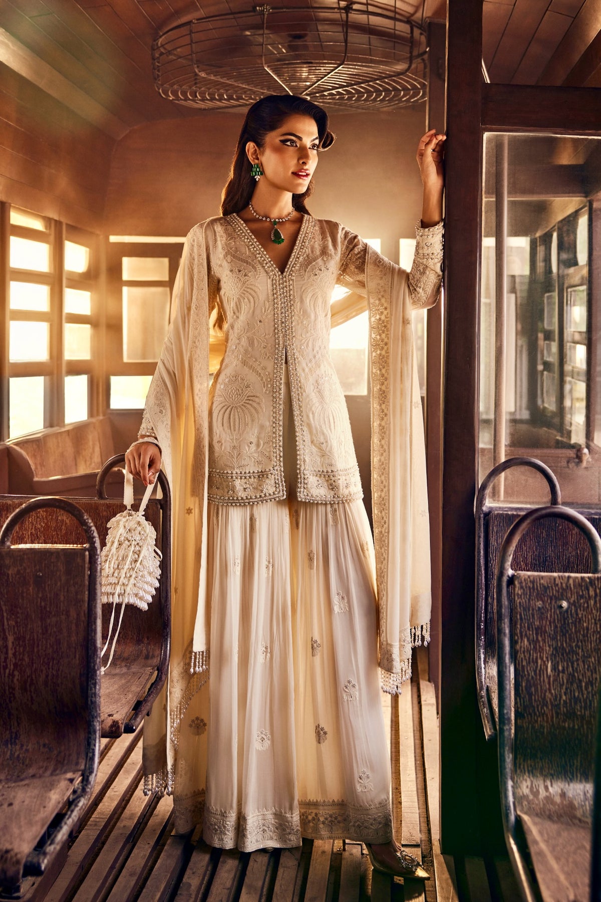 Perle Sharara Set with Dupatta in Ivory Thread
