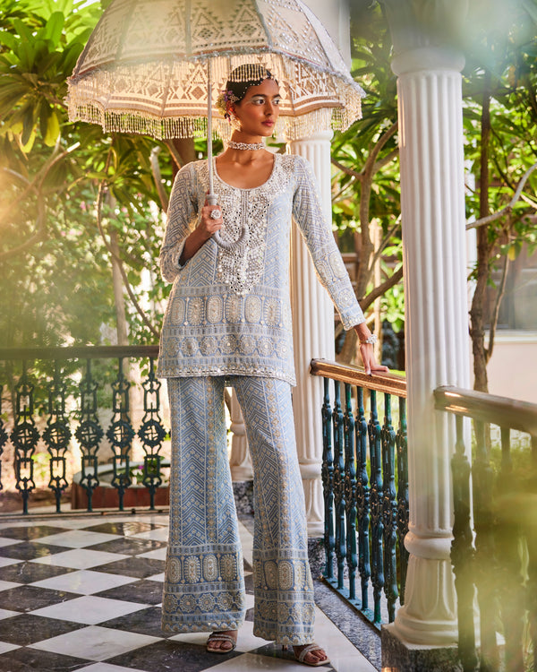 Kiara Slim Tunic with Fleur Yoke and Palazzo Pants in Dusty Blue