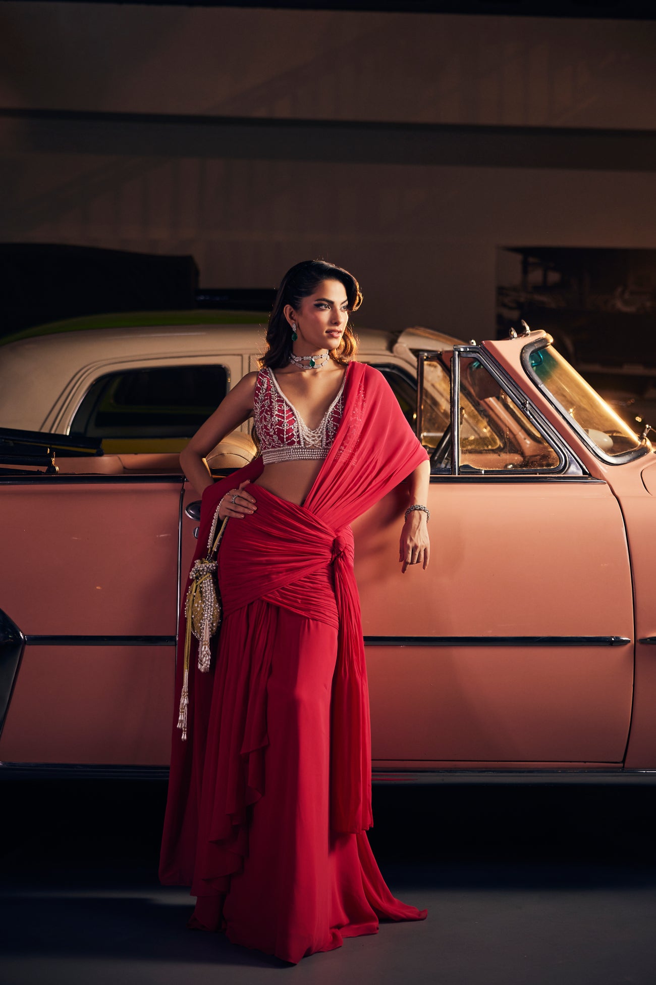 Perle Ruched Saree with Pearl Blouse in Hot Pink