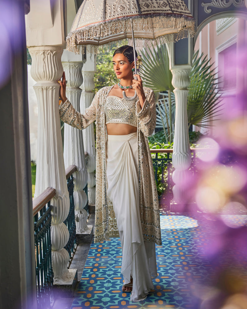 Anais Cape with Mirror Blouse and Draped Skirt in Ivory