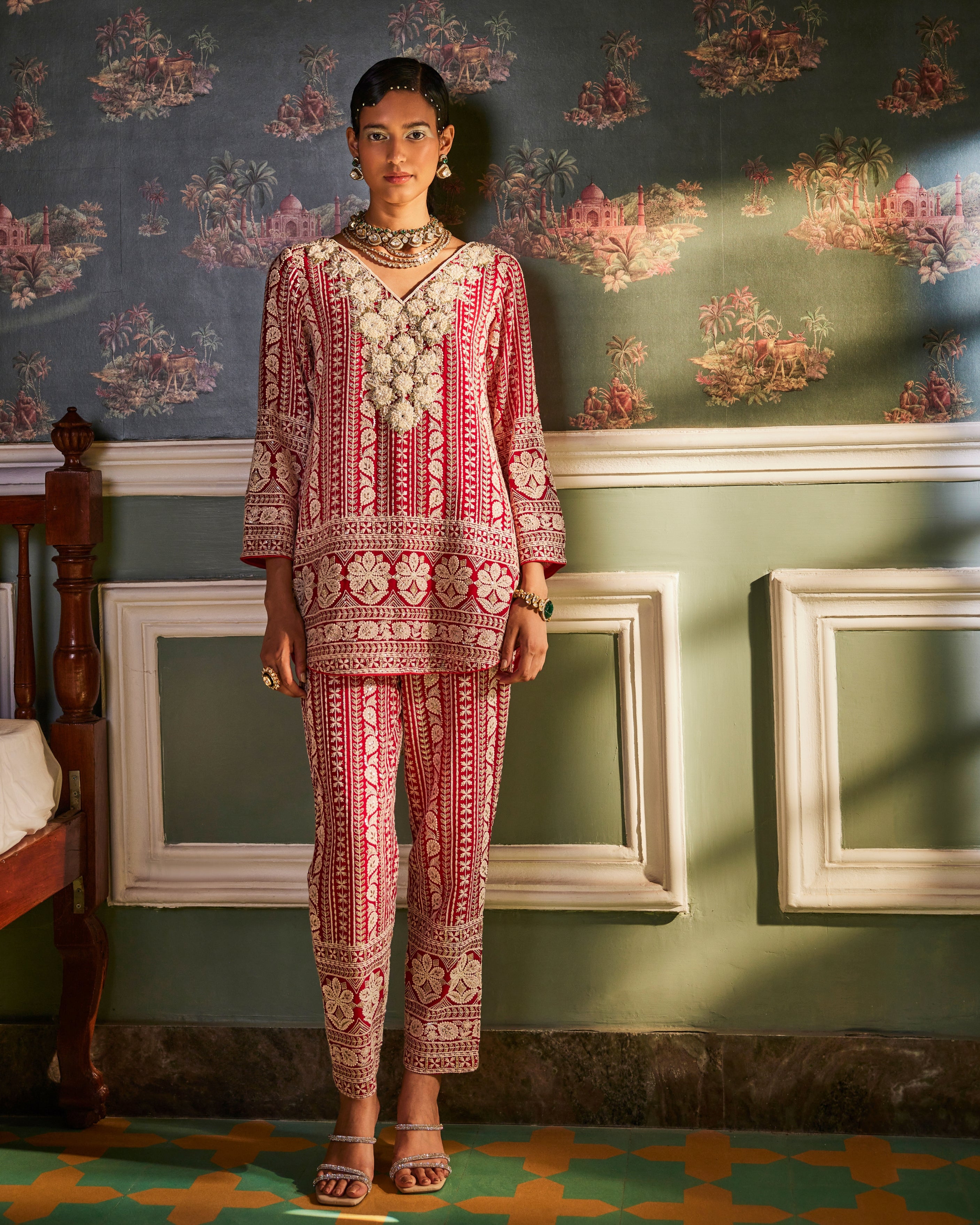 Seher Kurta With Mahal Yoke In Scarlet