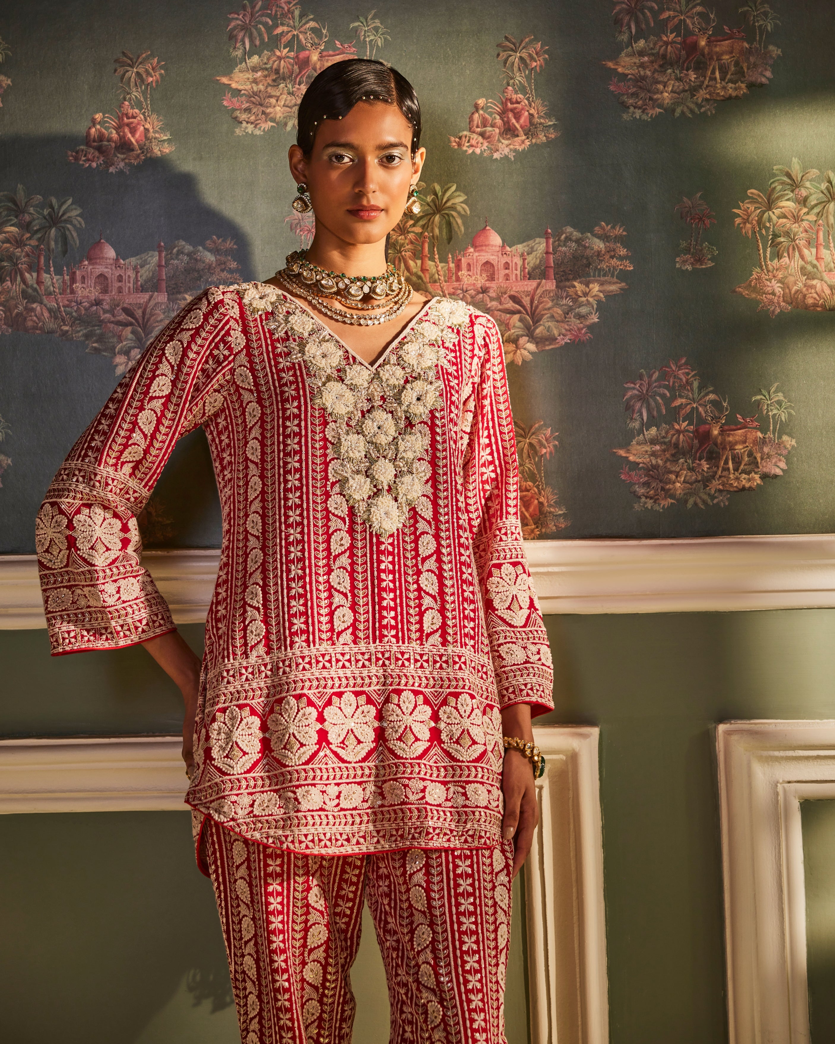 Seher Kurta With Mahal Yoke In Scarlet