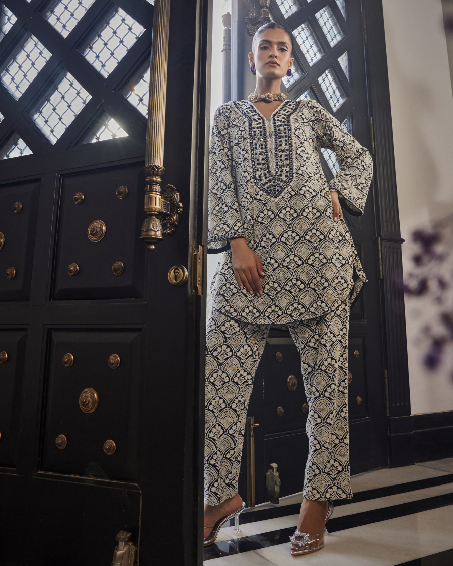 Zia Kurta with a Long Mirror Yoke and Narrow Pants in Black