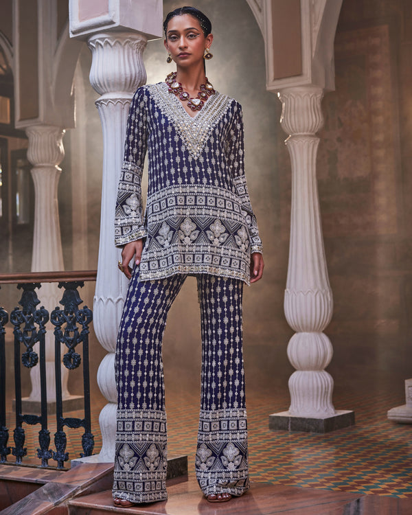 Kiara Slim Fit Tunic with V-Yoke and Palazzo Pants in Sapphire