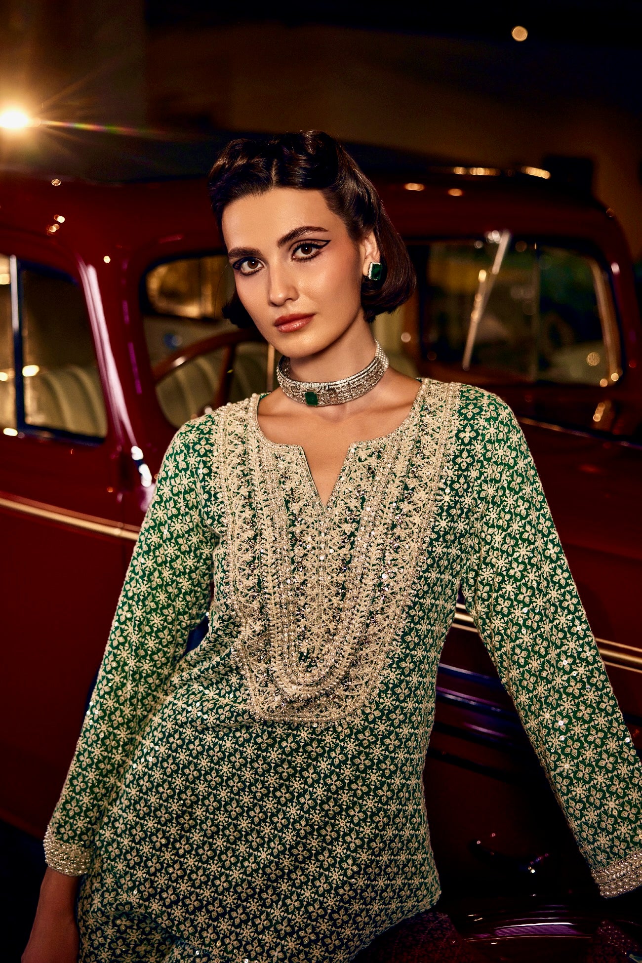 Perle Round Hem Tunic Set in Emerald Thread