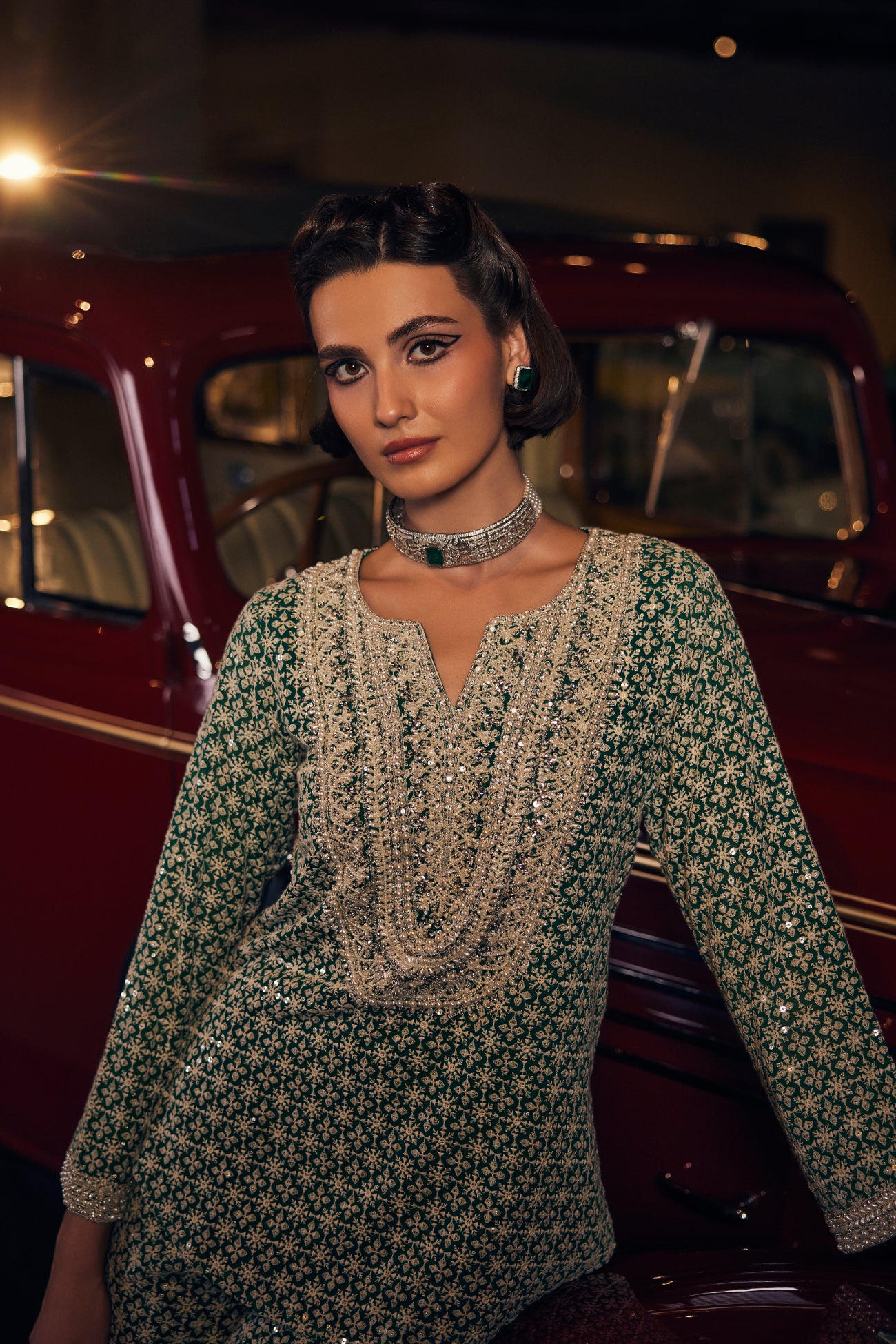 Perle Round Hem Tunic Set in Emerald Thread