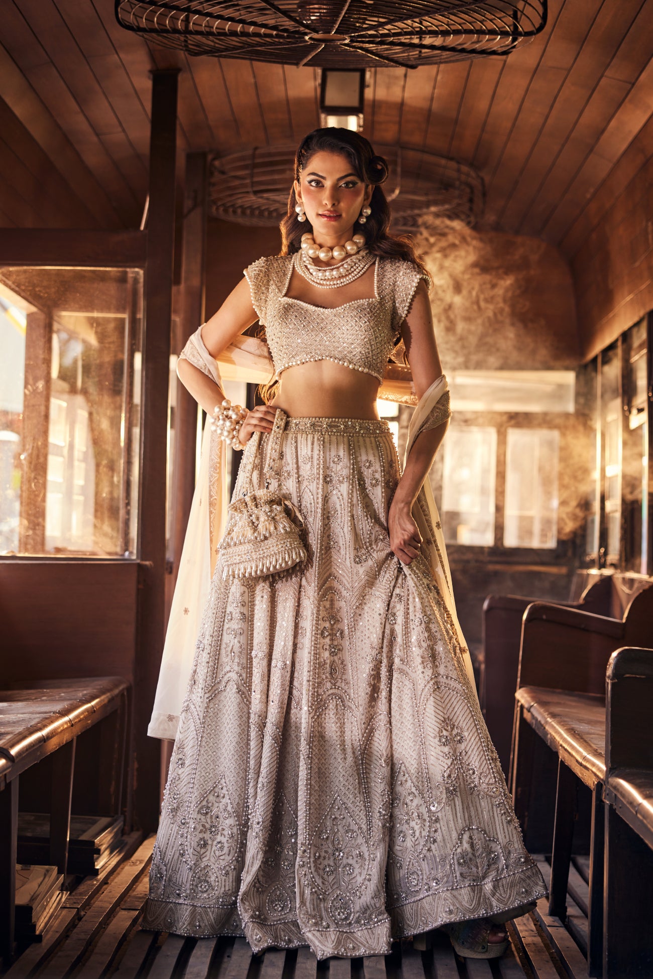 Perle Lehenga Set with Beaded Blouse in Ivory Zari