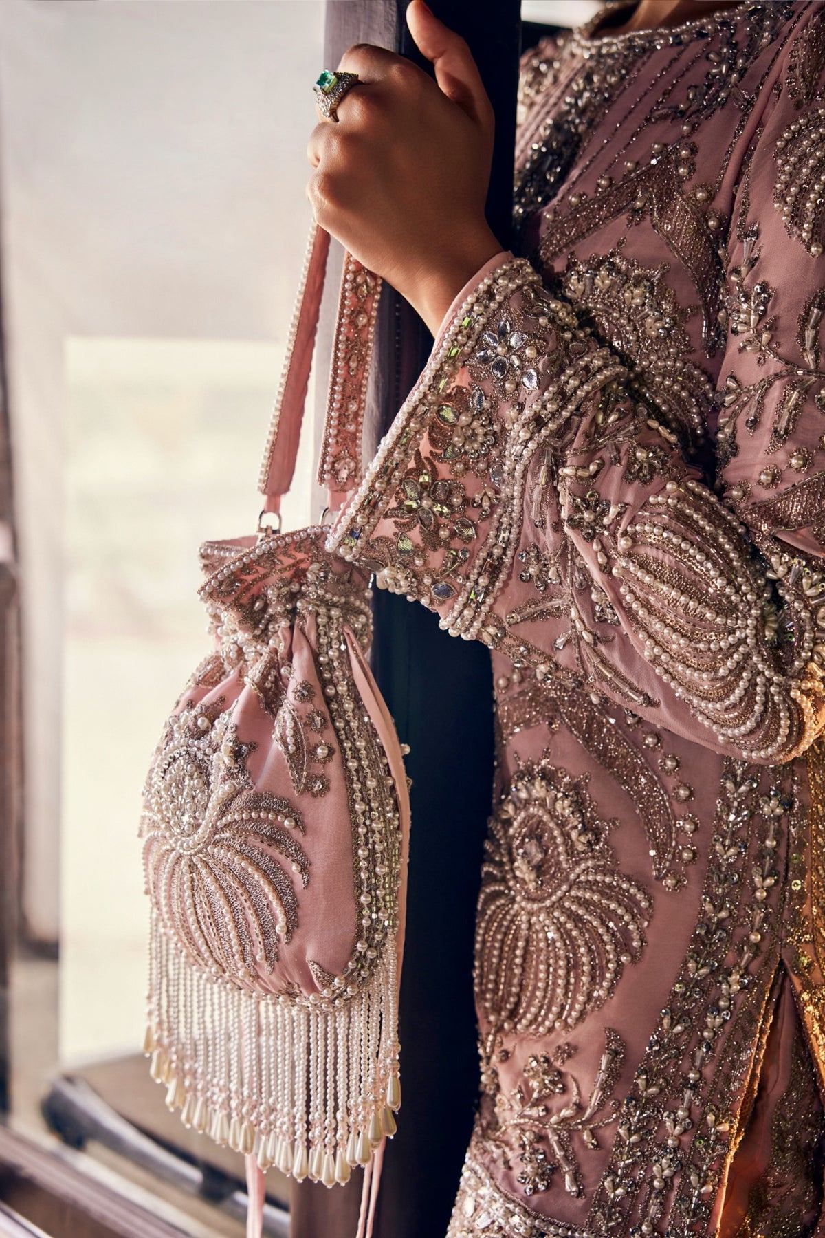 Perle Embellished Tunic with Palazzos in Pink Zari