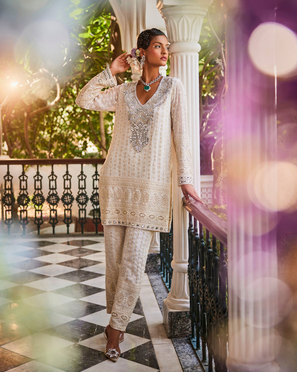 Kiara Slim Tunic with Sheesh Yoke and Palazzo Pants in Ivory