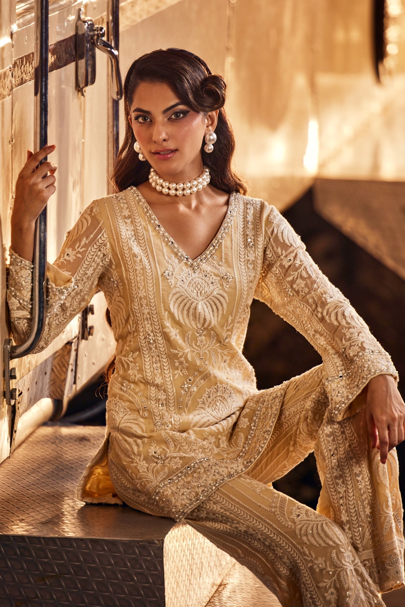 Perle Slim Tunic with Palazzo in Beige Thread